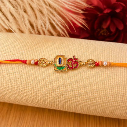 Om Blue Enamel Gold Tone Rakhi