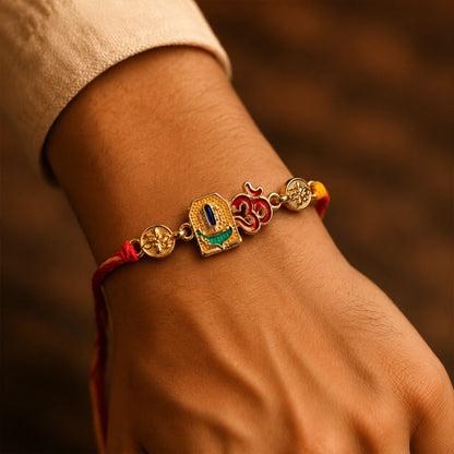 Om Blue Enamel Gold Tone Rakhi