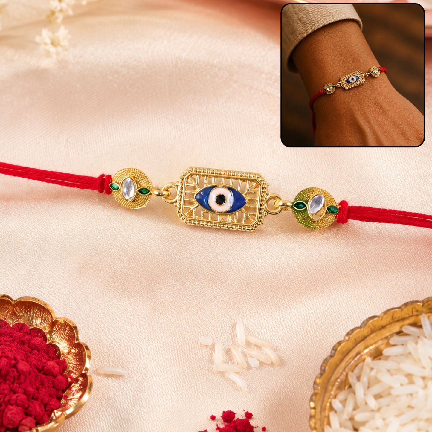 Evil Eye Stone Studded Gold Tone Rakhi