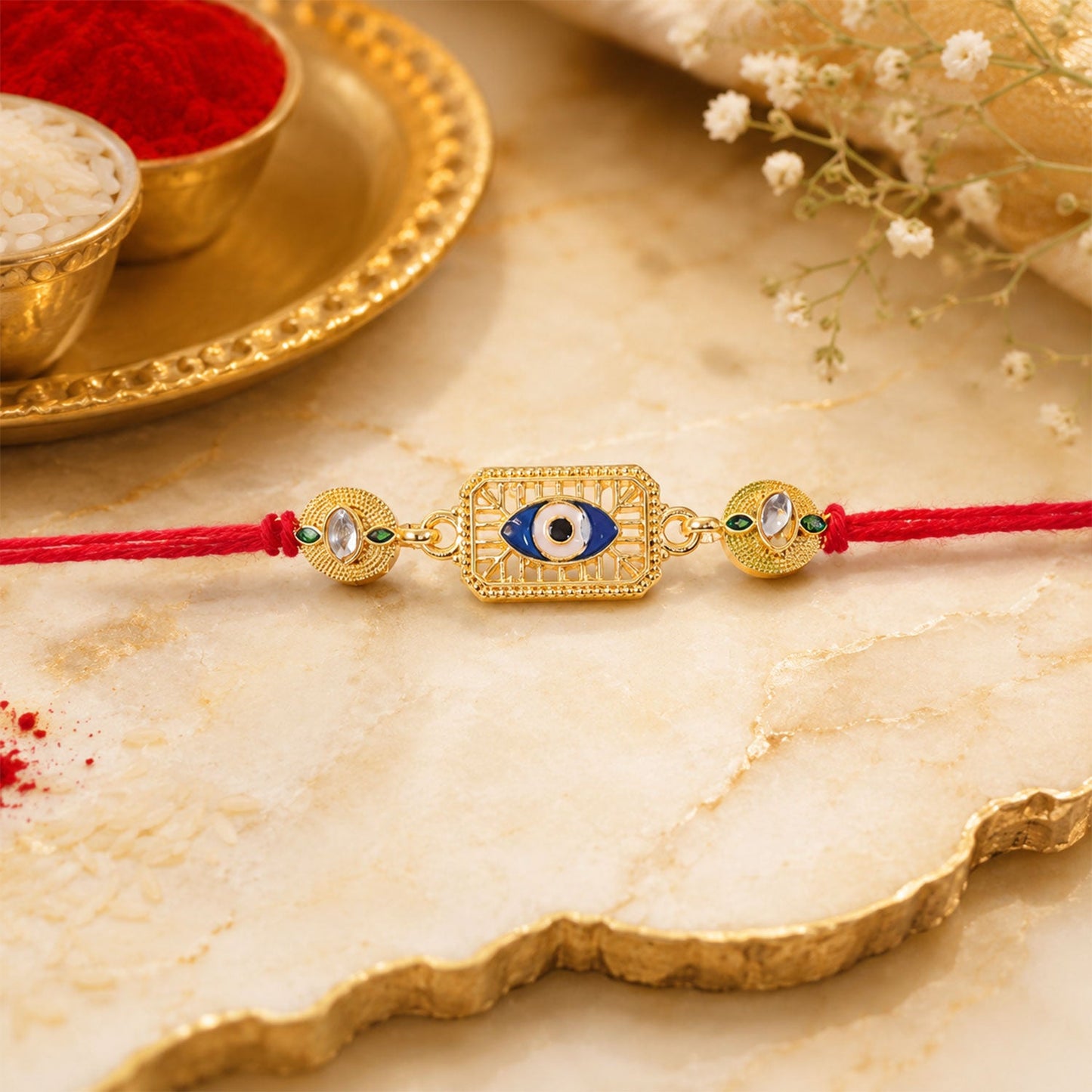 Evil Eye Stone Studded Gold Tone Rakhi