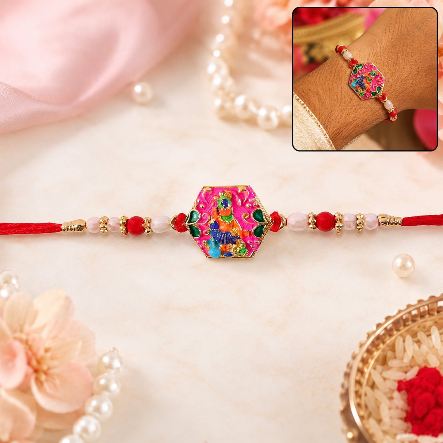 Close-up of multicolor enamel gold tone rakhi
