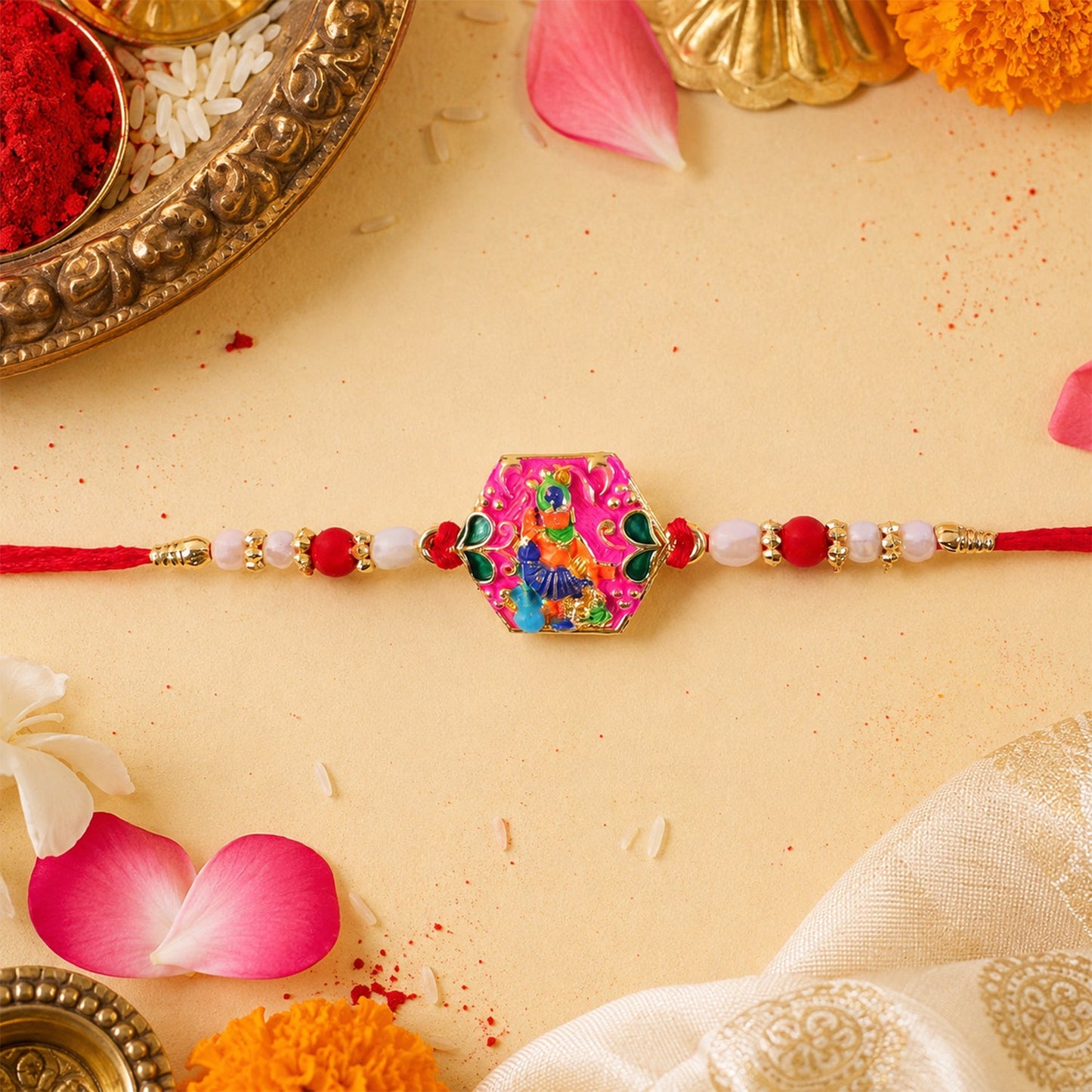 Side view of festive multicolor enamel rakhi