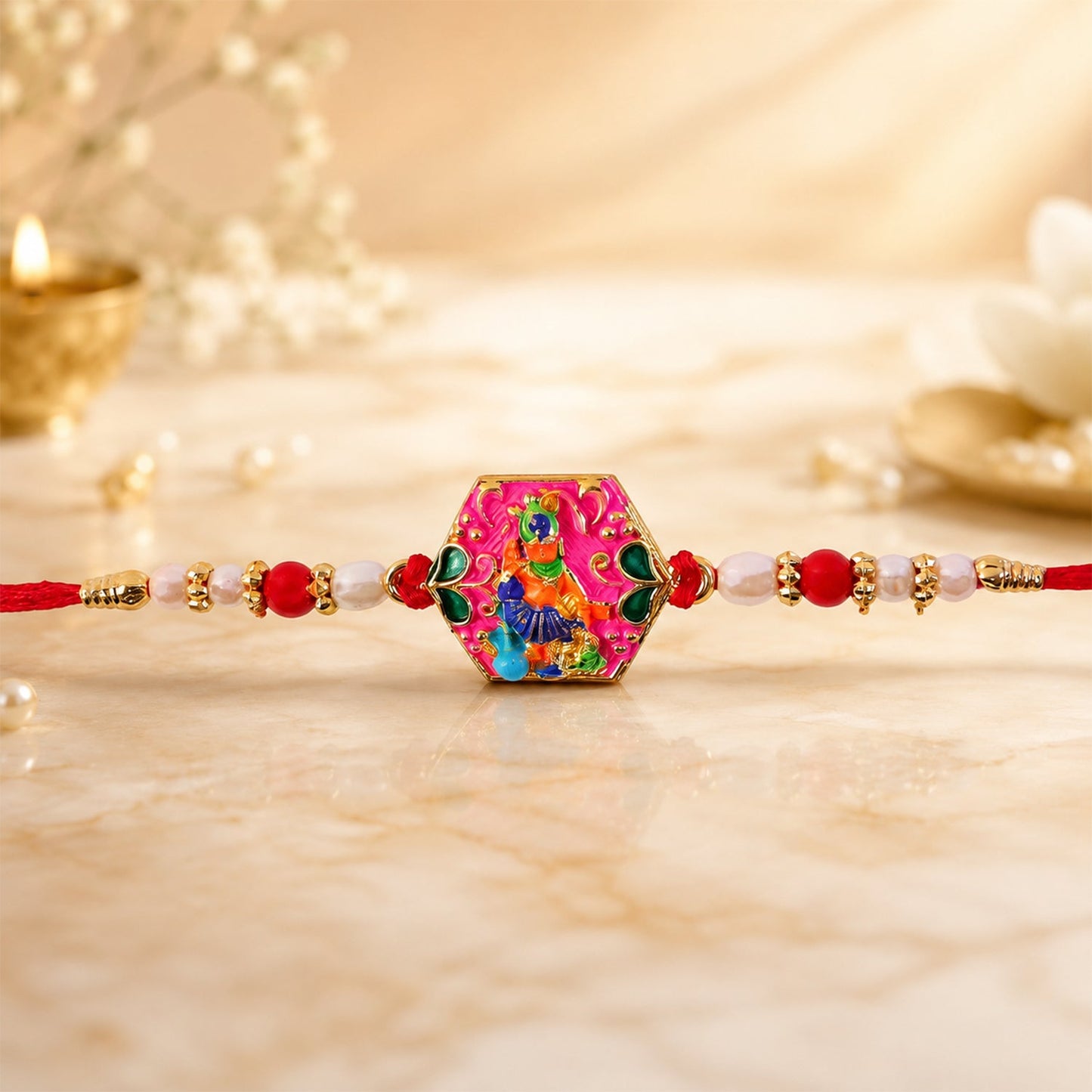 Top view of multicolor enamel gold tone rakhi