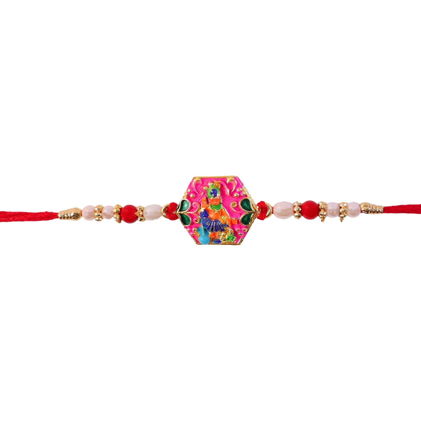 Hand holding multicolor enamel rakhi for Raksha Bandhan