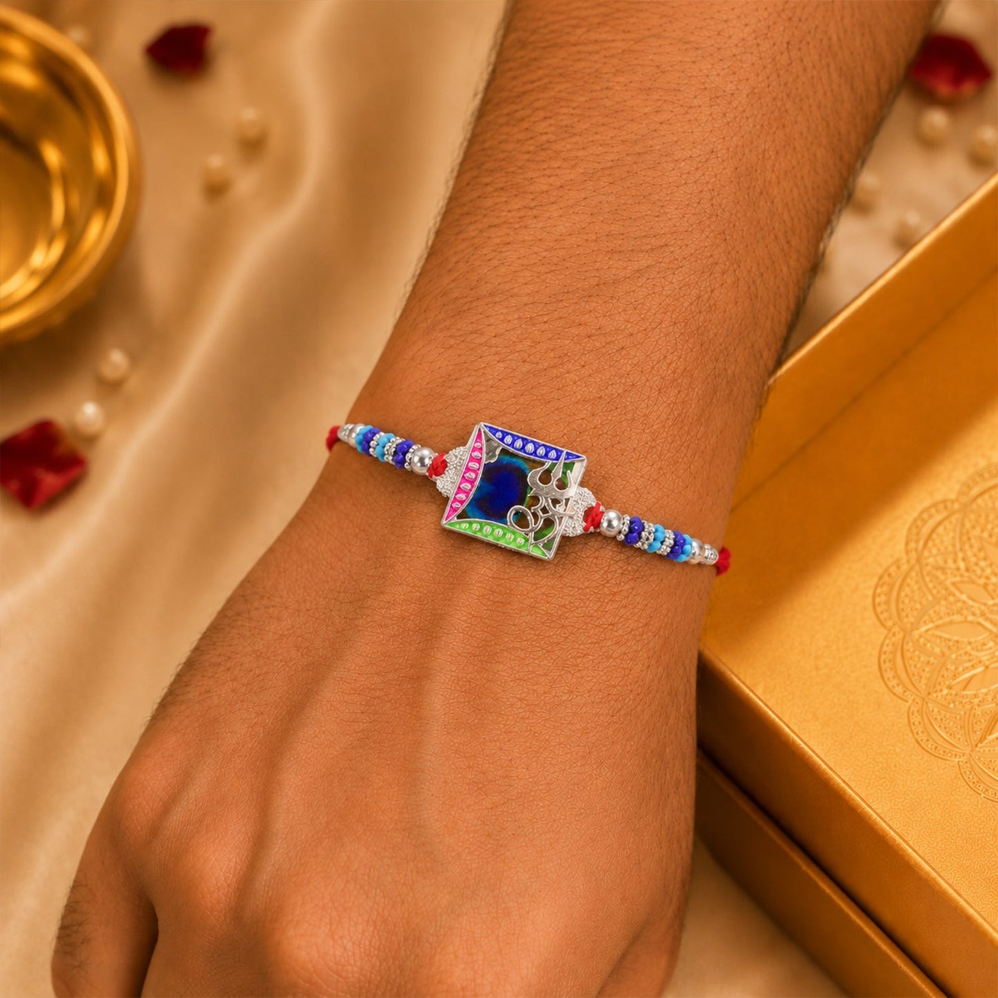 Om Square Multicolor Stone Studded Rakhi