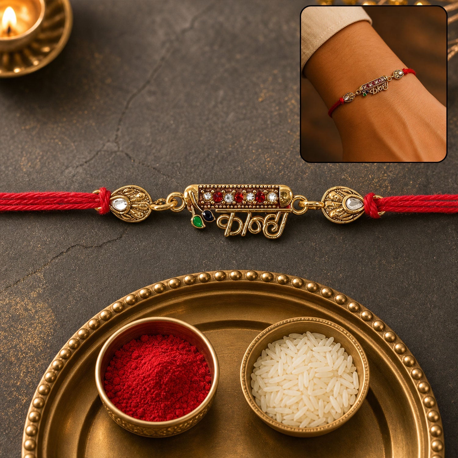 Close-up of Kanha Black Enamel Gold Tone Rakhi