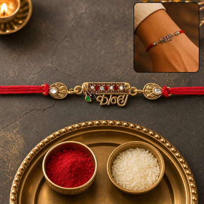 Close-up of Kanha Black Enamel Gold Tone Rakhi