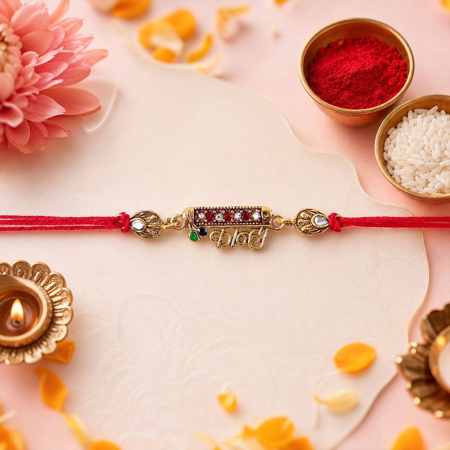 Side view of Kanha Black Enamel Gold Tone Rakhi
