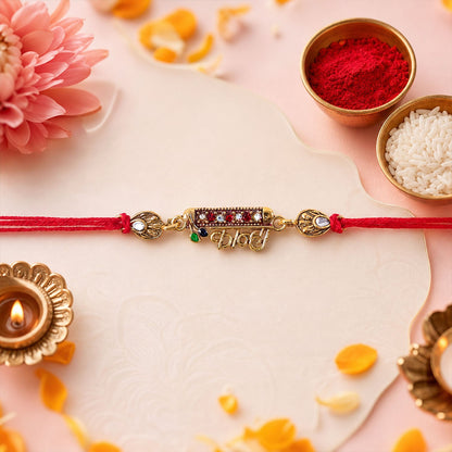 Side view of Kanha Black Enamel Gold Tone Rakhi