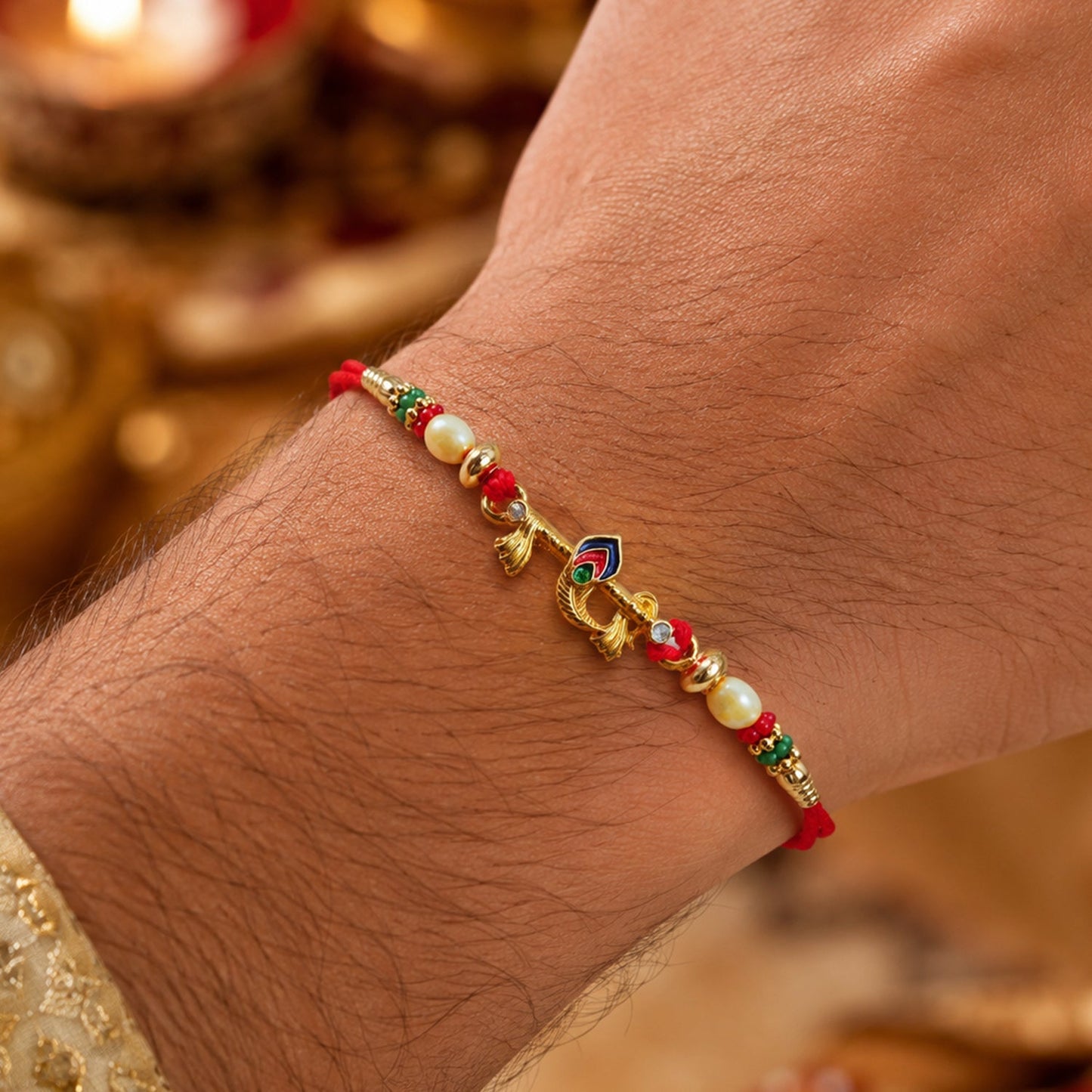 Side view of the Peacock Feather Rakhi with intricate beadwork