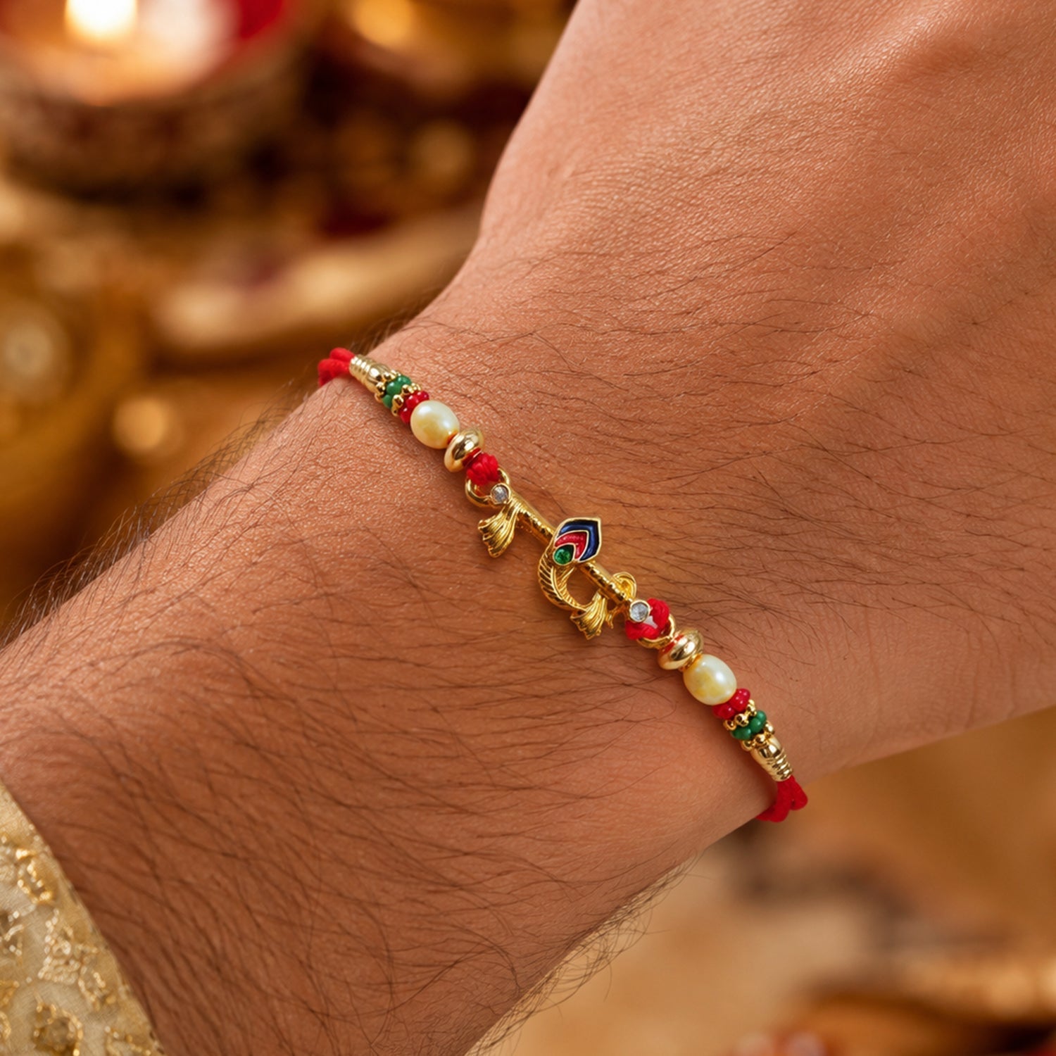 Side view of the Peacock Feather Rakhi with intricate beadwork