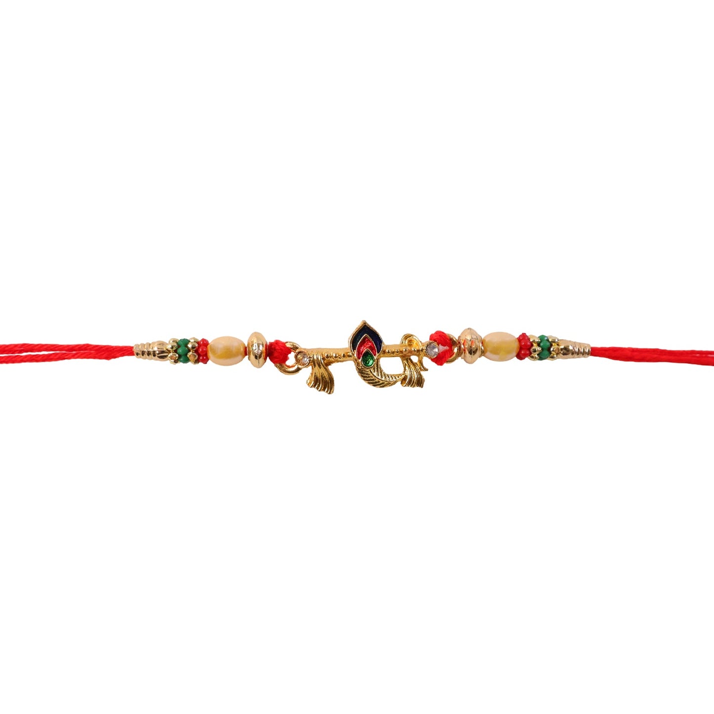 Peacock Feather Rakhi showcasing its comfortable red & gold thread