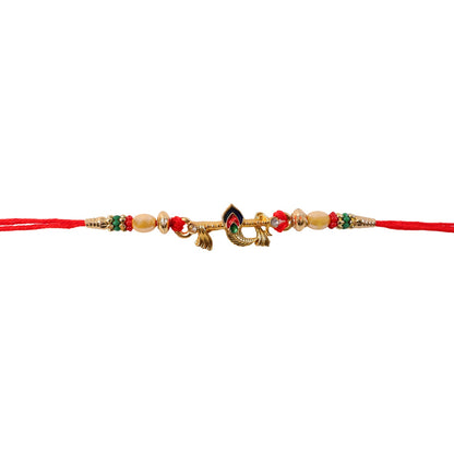 Peacock Feather Rakhi showcasing its comfortable red & gold thread
