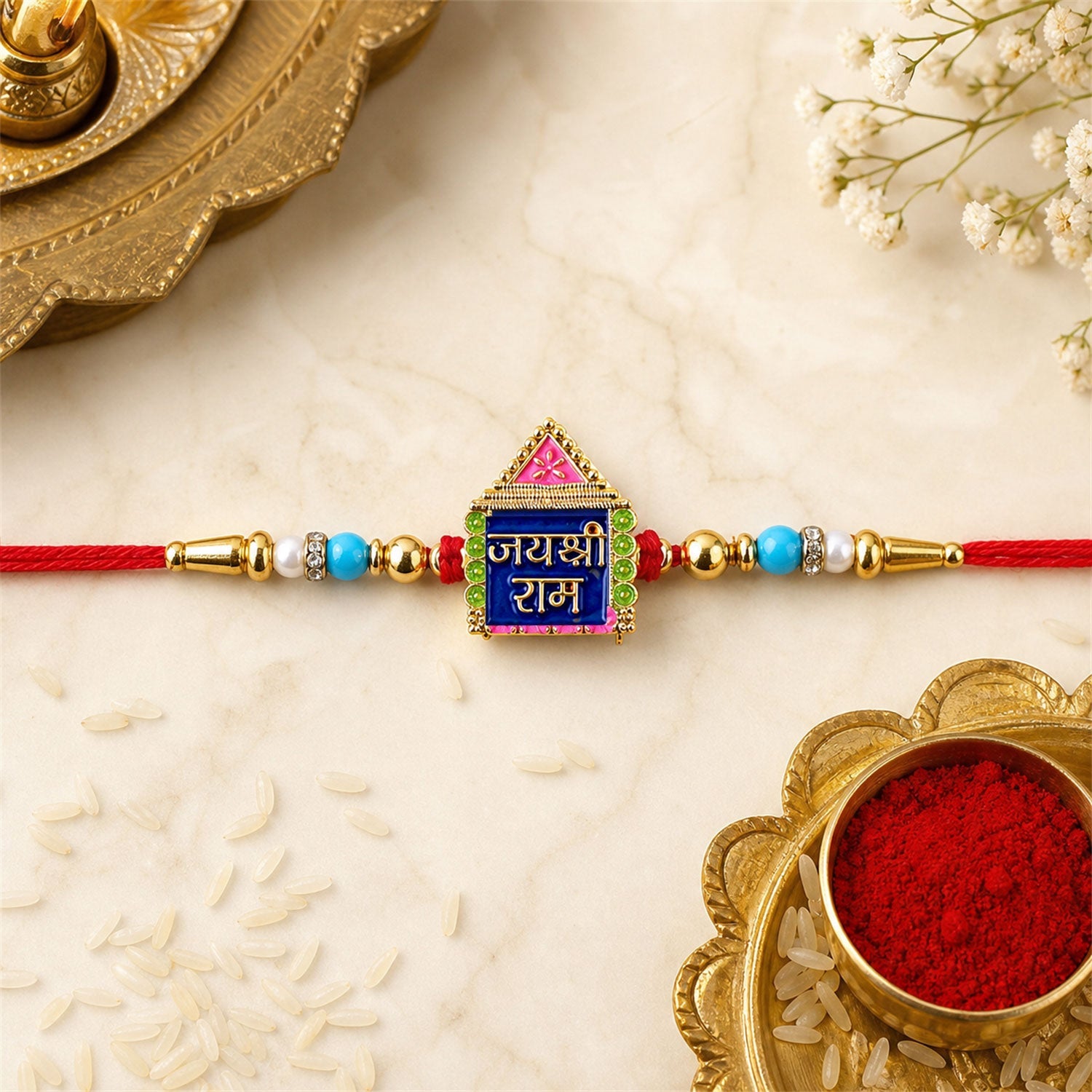 Jai Shree Ram Text Multicolor Enamel Rakhi