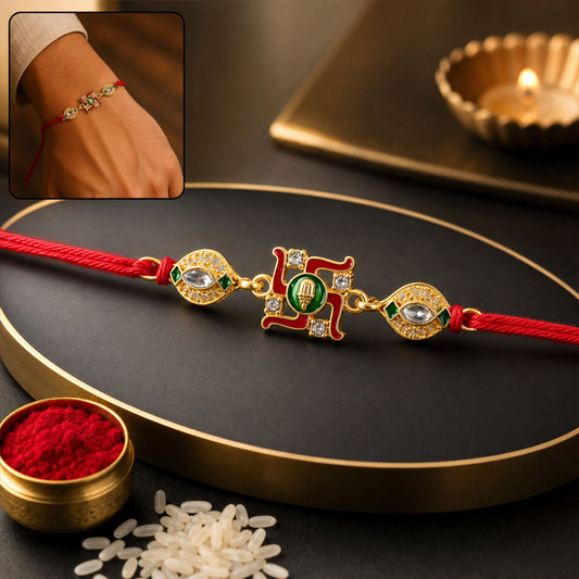 Swastik Red Green Enamel Gold Tone Rakhi
