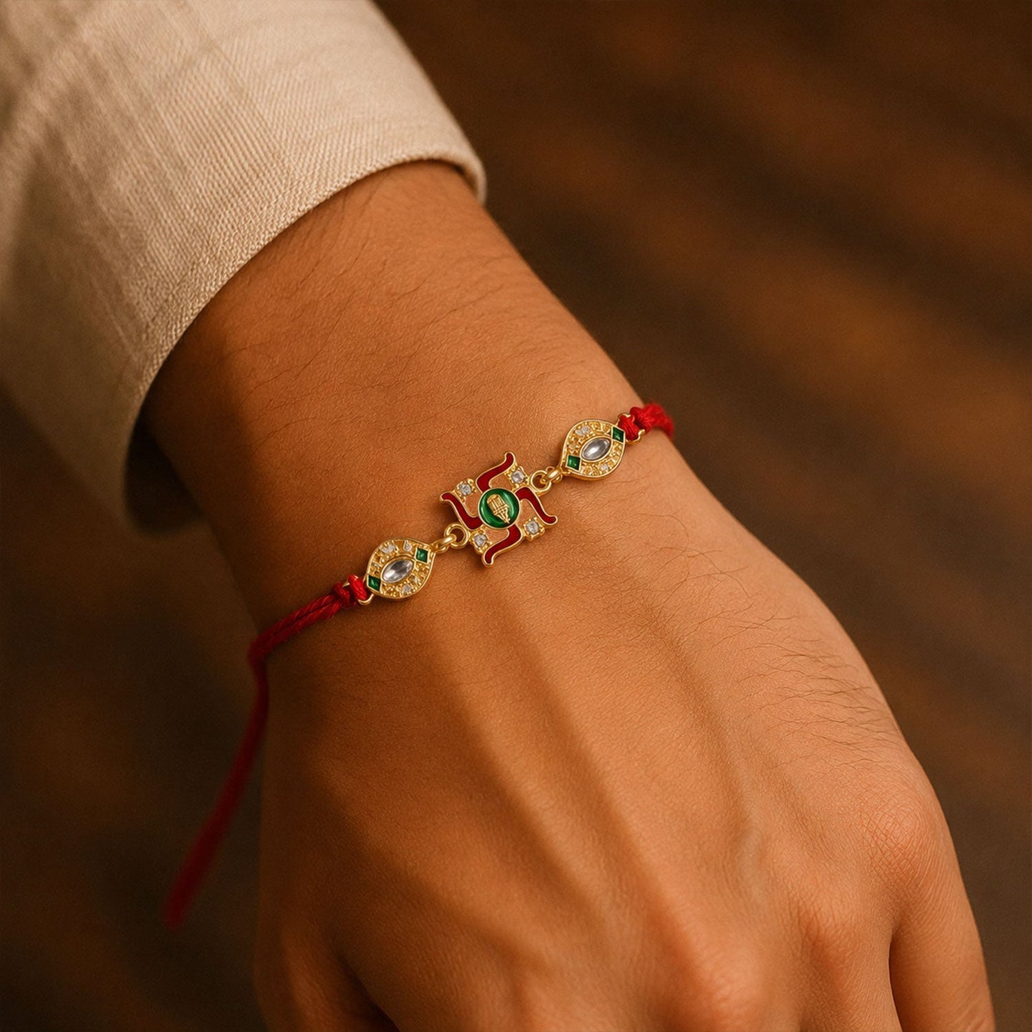 Swastik Red Green Enamel Gold Tone Rakhi