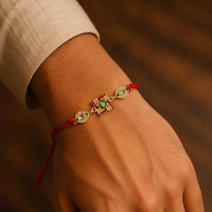 Swastik Red Green Enamel Gold Tone Rakhi