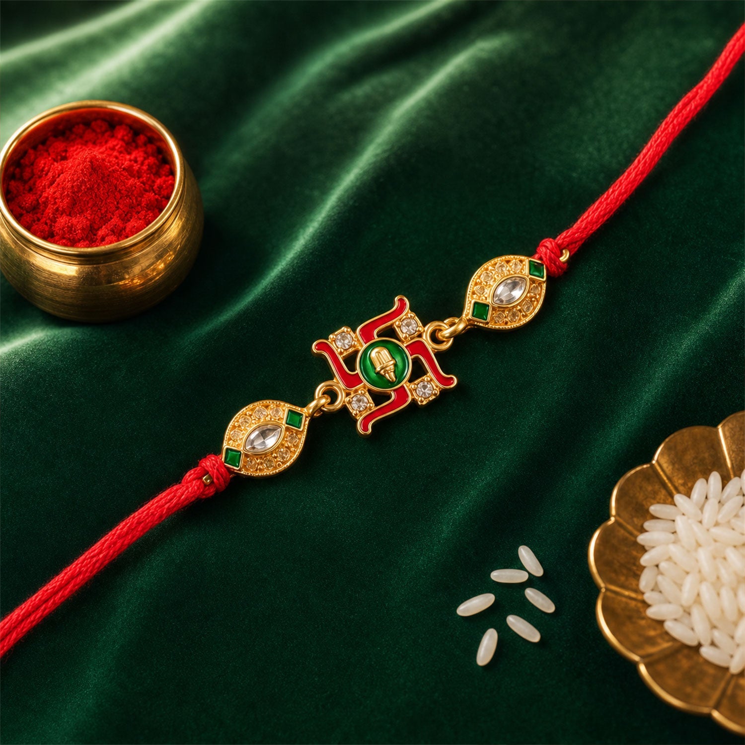Swastik Red Green Enamel Gold Tone Rakhi