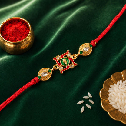 Swastik Red Green Enamel Gold Tone Rakhi