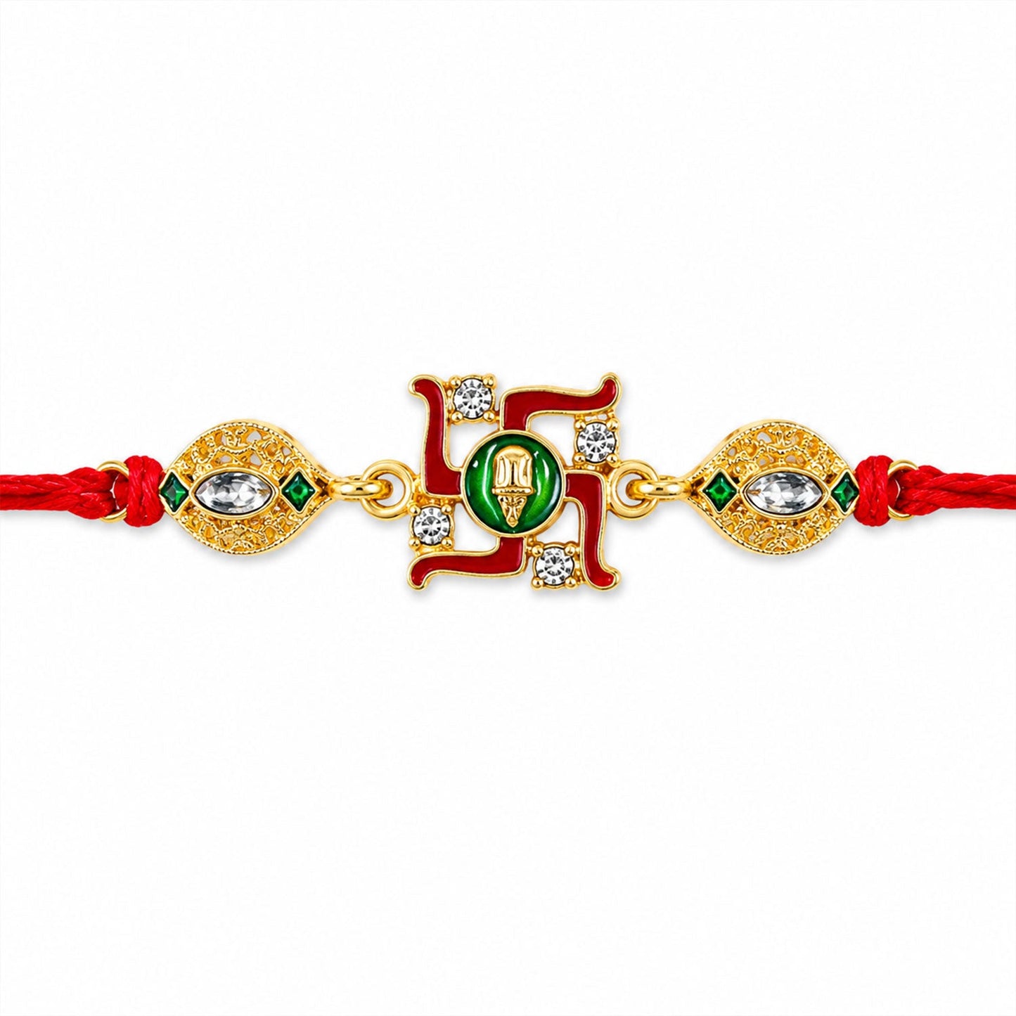 Swastik Red Green Enamel Gold Tone Rakhi