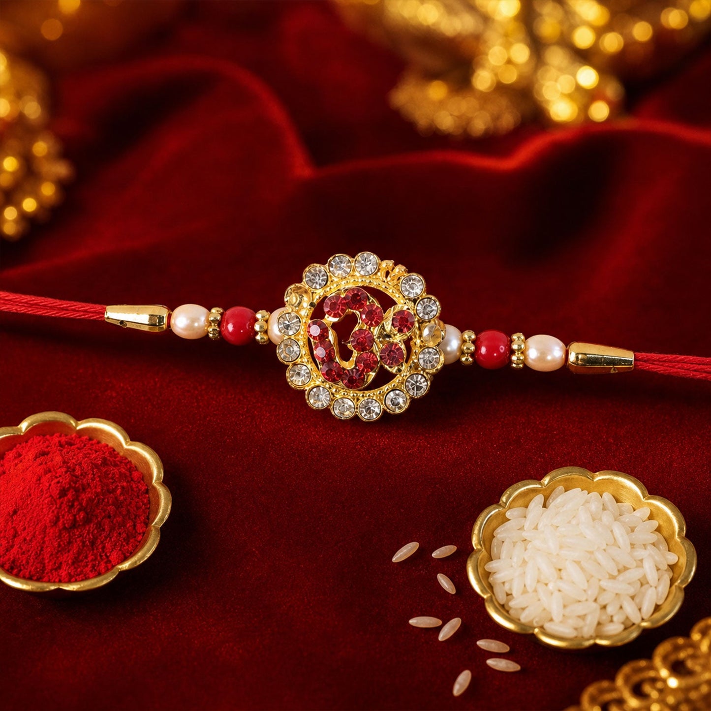 Om Stone Studded Gold Tone Rakhi on a white background