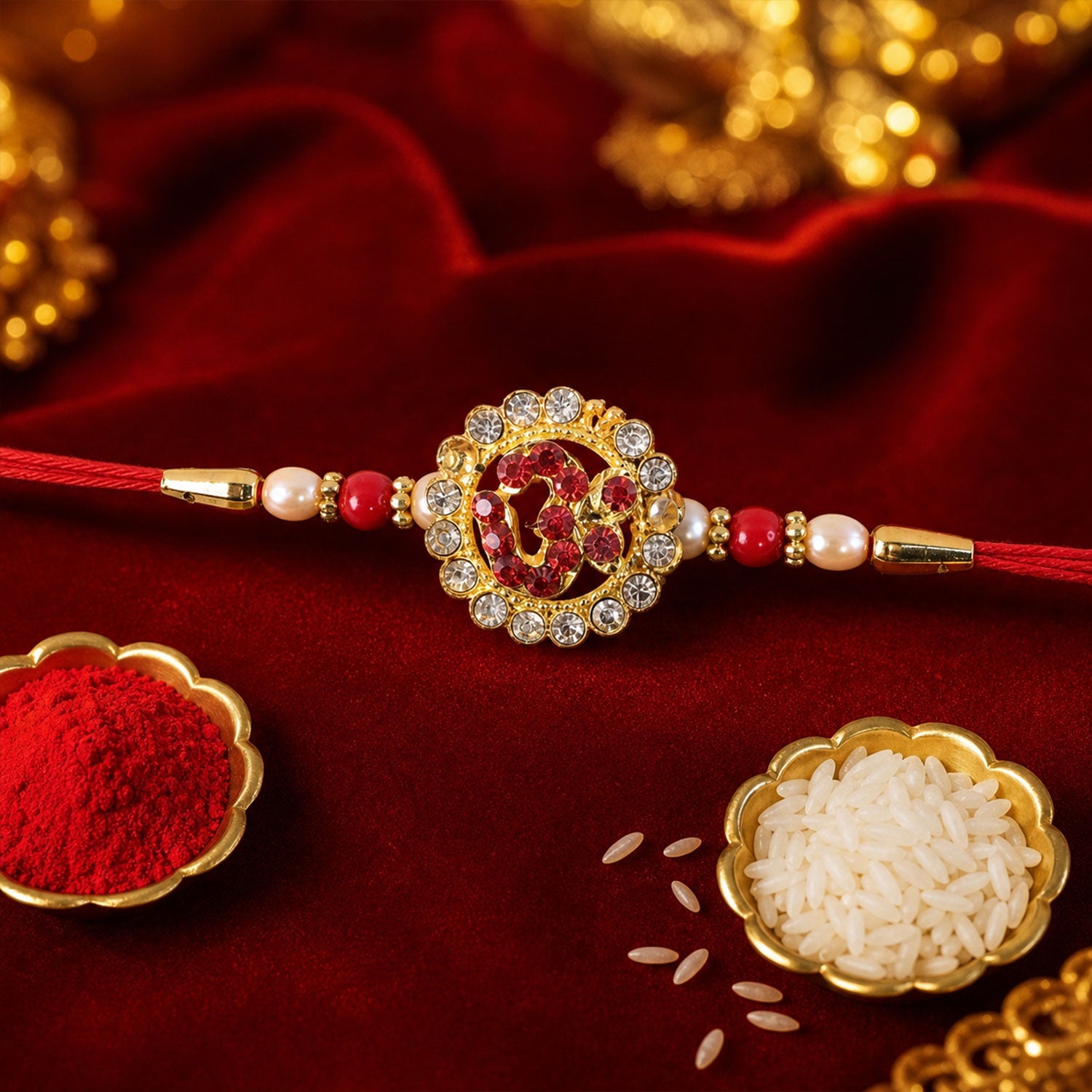 Om Stone Studded Gold Tone Rakhi on a white background
