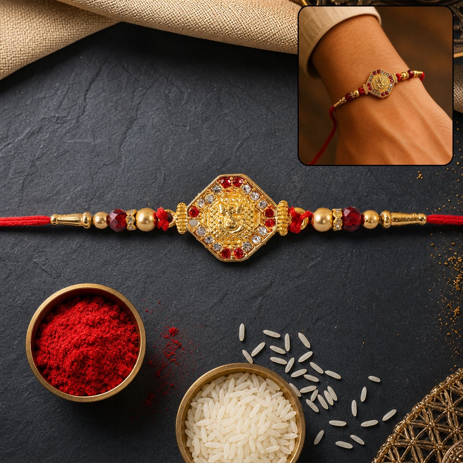 Lord Ganesha Red Enamel Gold Tone Rakhi