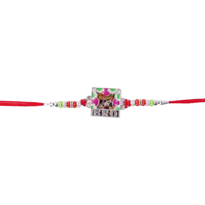 Detailed shot of the 'Bro' Rakhi's colorful enamel & thread design