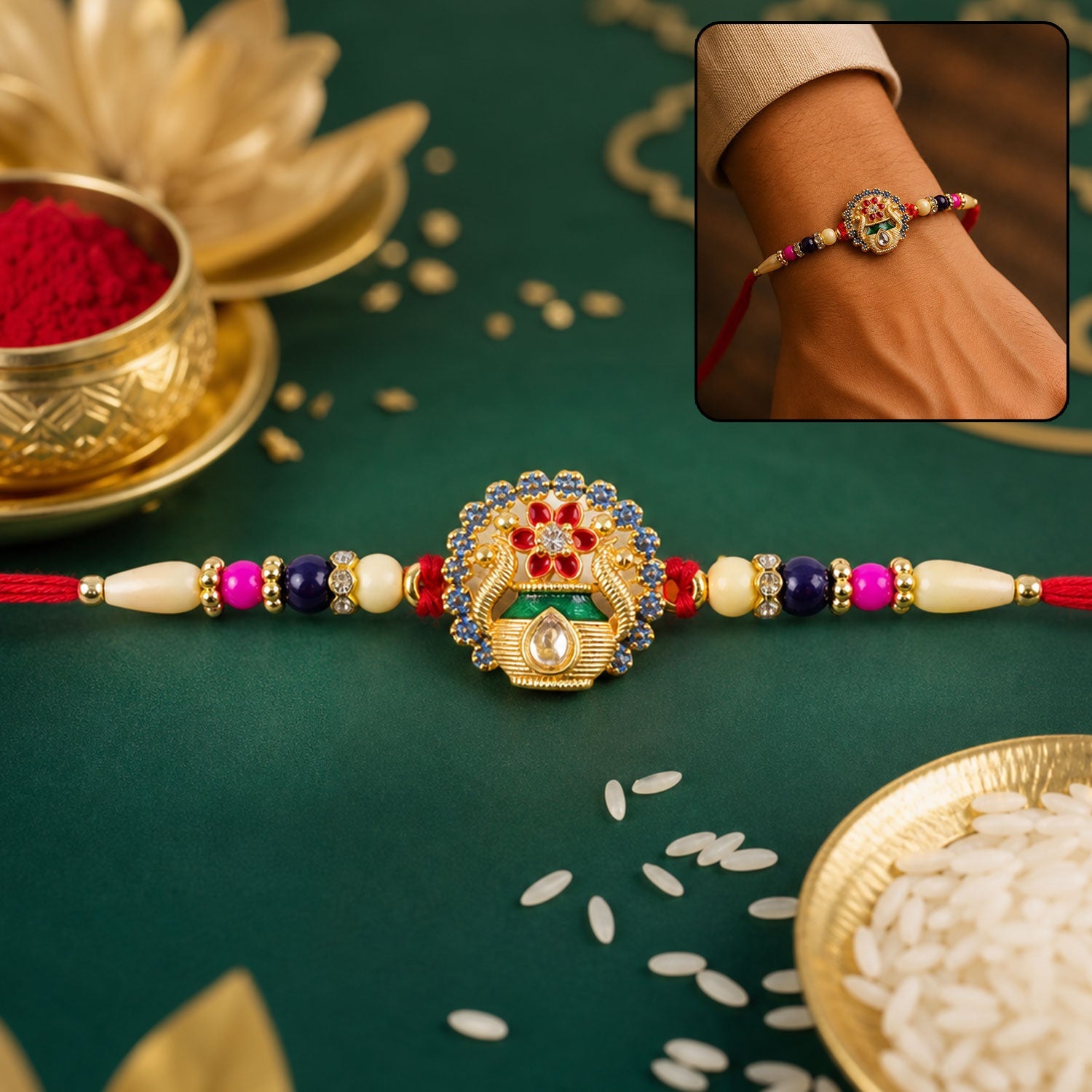 Royal Kalash Rakhi with colorful beads & thread