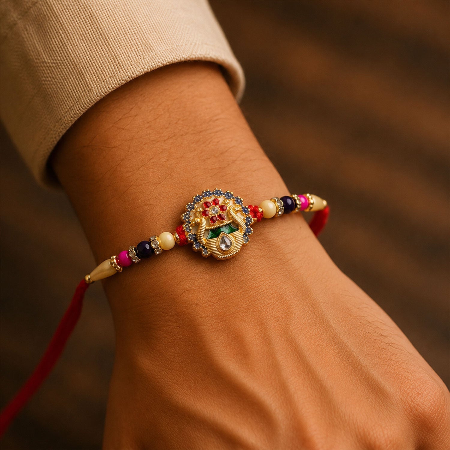 Side view of Royal Kalash Rakhi with intricate beadwork