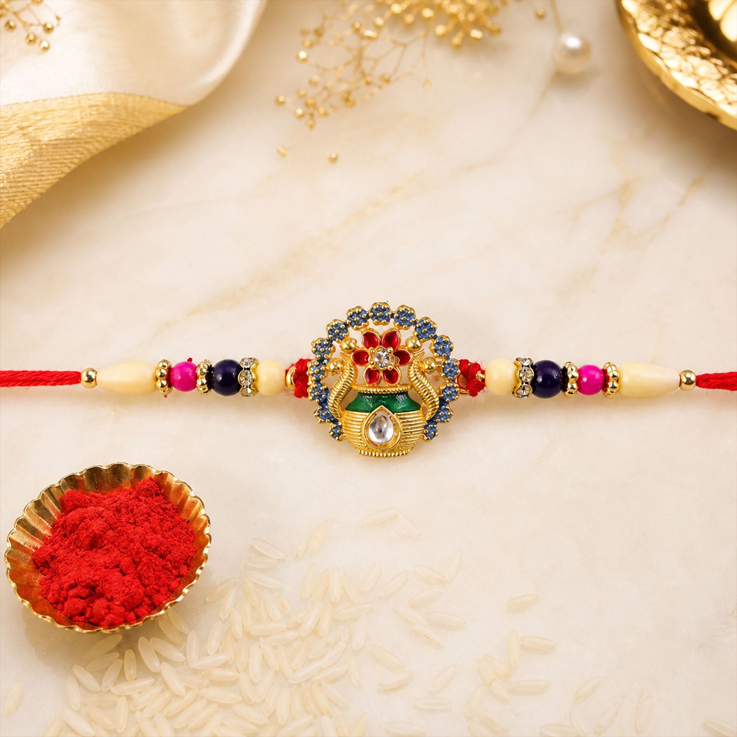 Angled view of festive Royal Kalash Rakhi