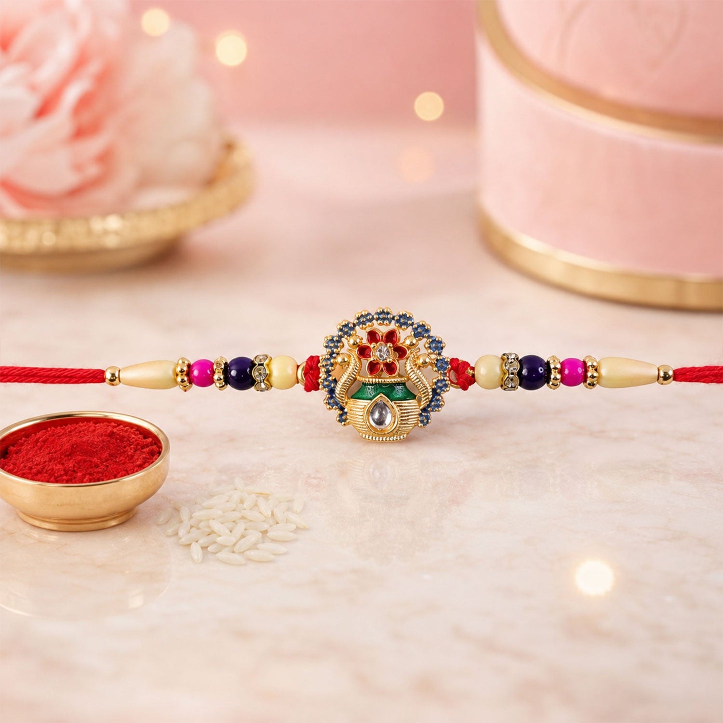 Close-up of Kalash design & vibrant beads on Rakhi