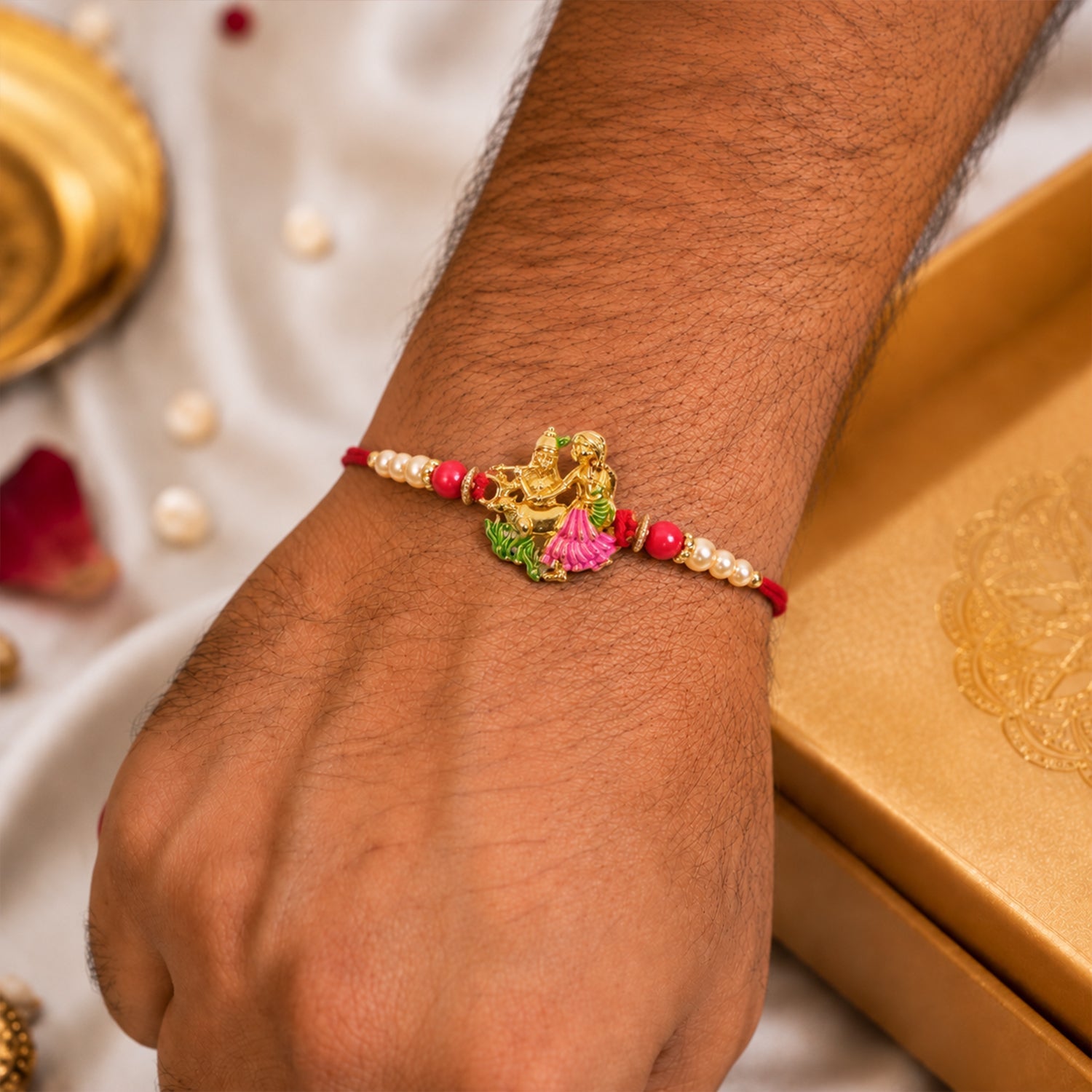 Side view of Radha Krishna rakhi showing comfortable thread