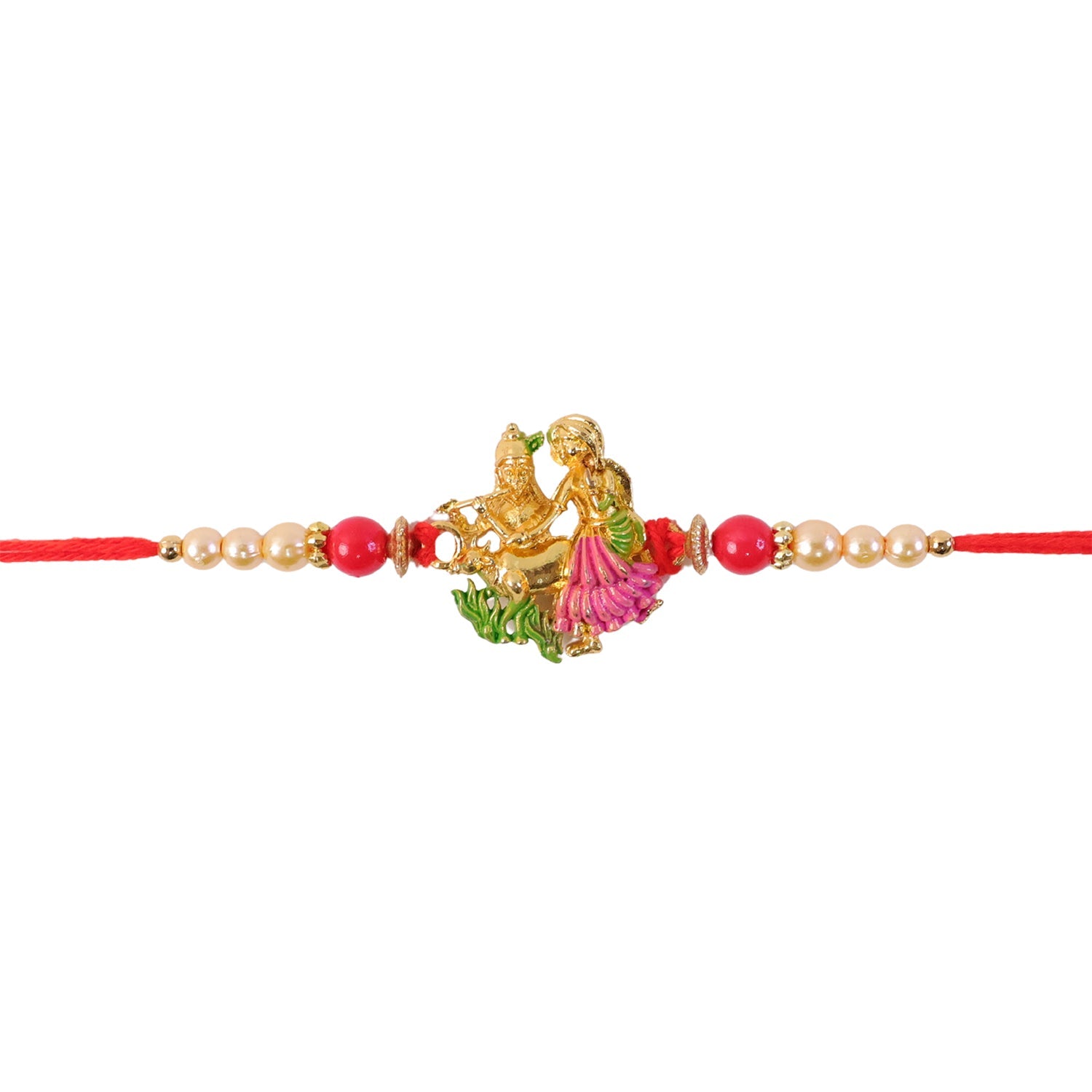Back view of Radha Krishna gold tone rakhi