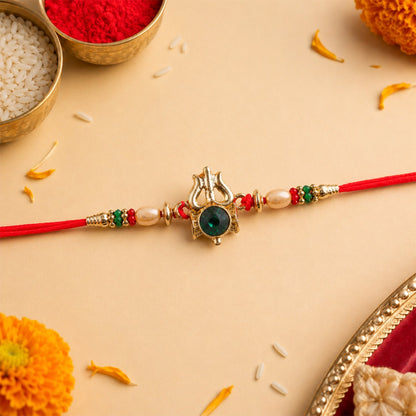 Trishul Damru Stone Studded Gold Tone Rakhi