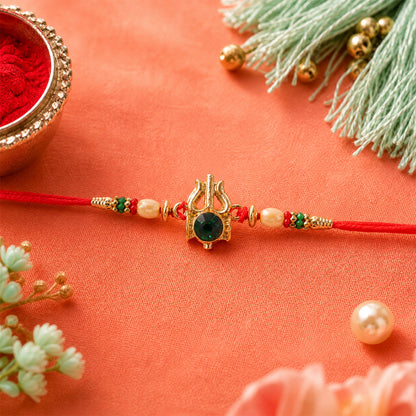 Trishul Damru Stone Studded Gold Tone Rakhi