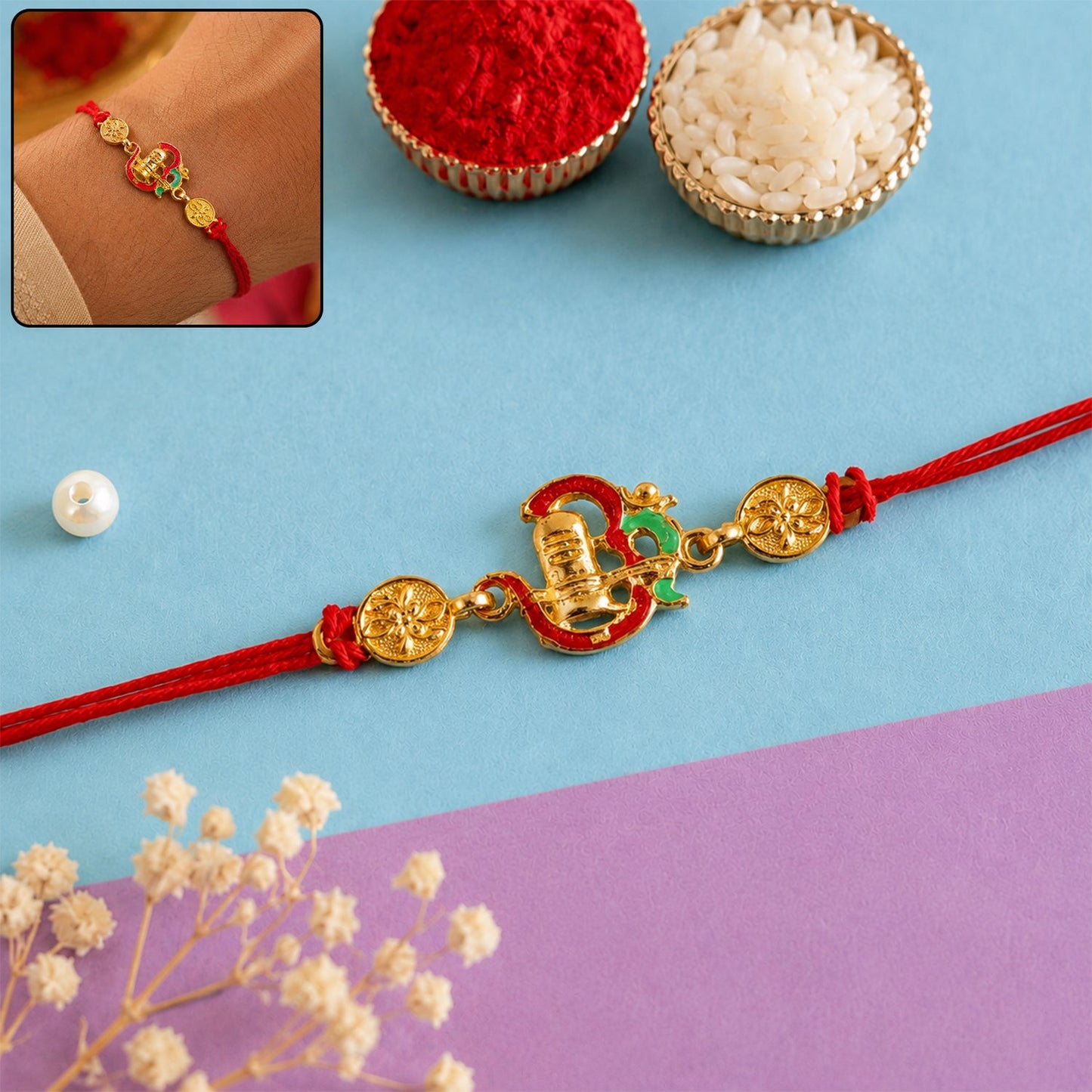 Close-up of Shivling enamel design on Rakhi