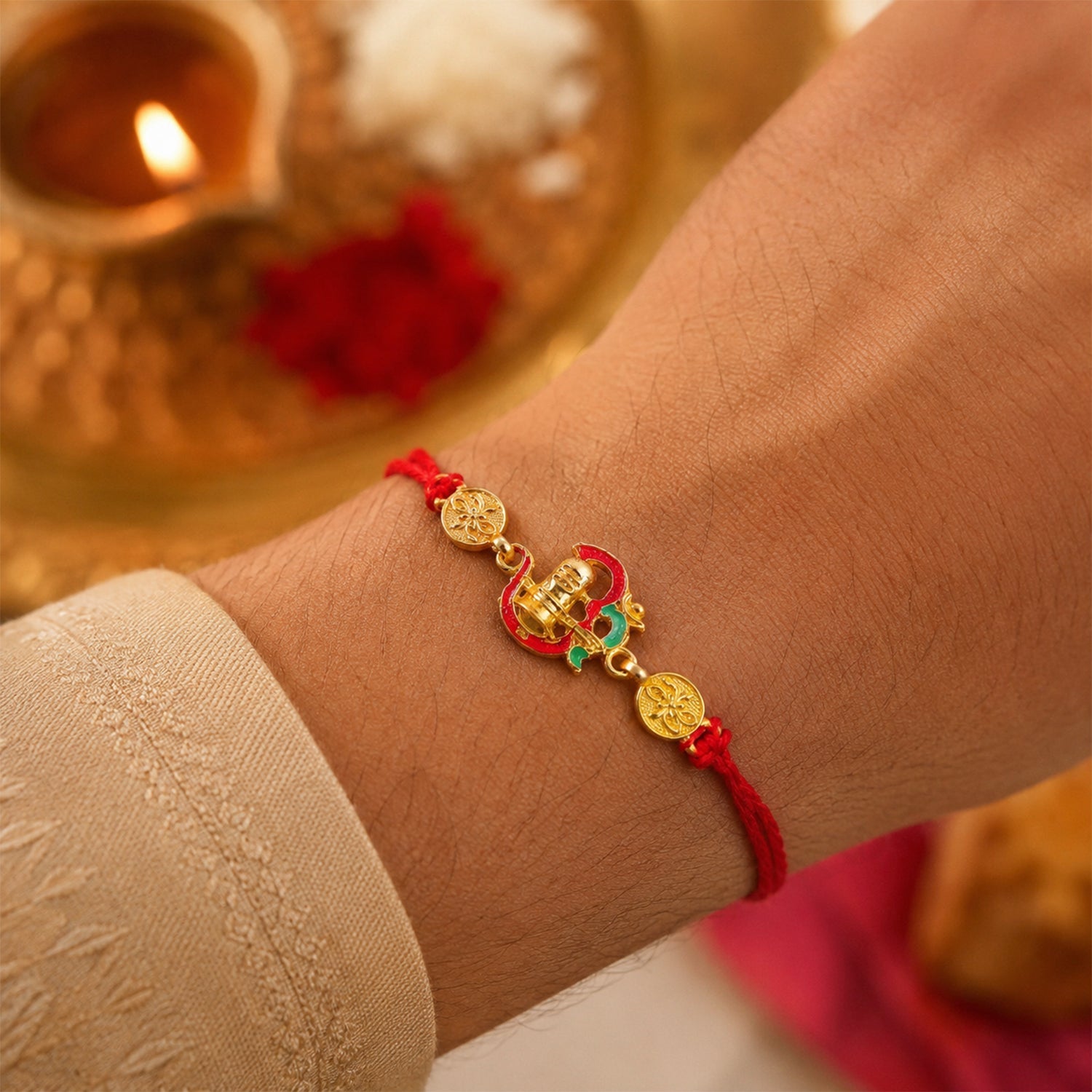 Shivling Enamel Gold Tone Rakhi, front view