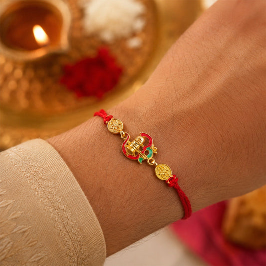 Shivling Enamel Gold Tone Rakhi, front view