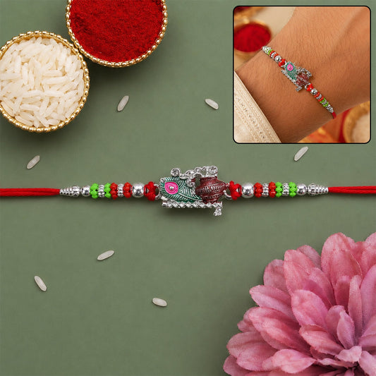 Krishna Matki Rakhi with peacock feather & colorful beads, front view