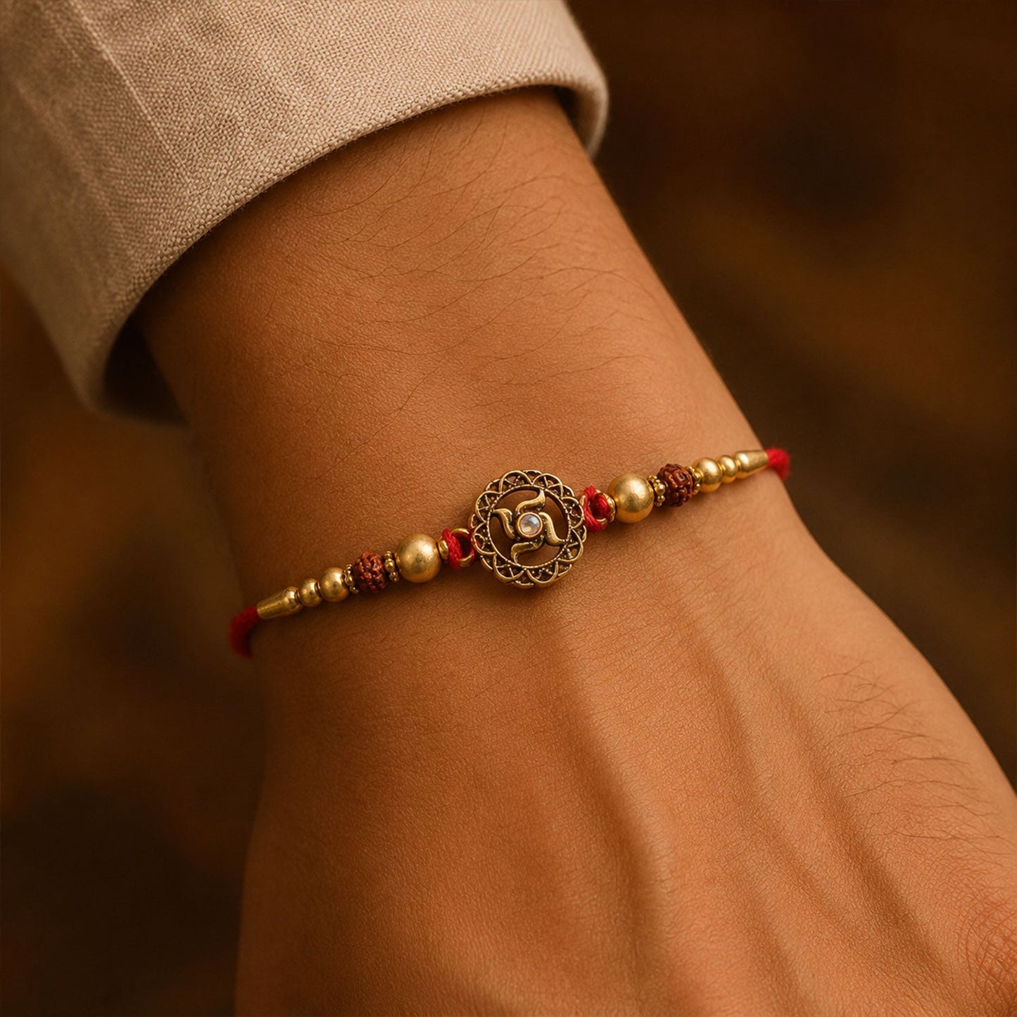 Golden Swastik Rakhi with Red Crystal Beads