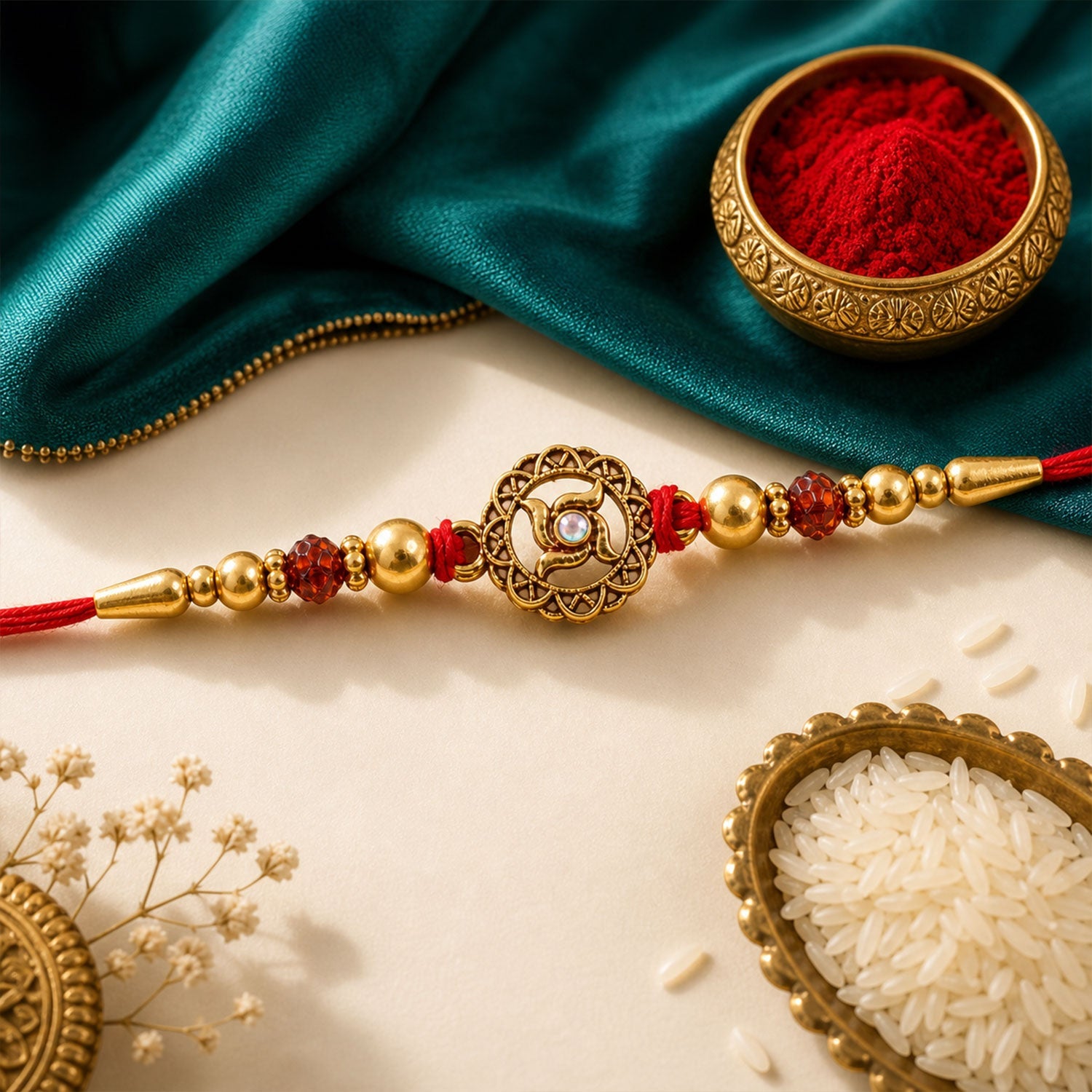 Golden Swastik Rakhi with Red Crystal Beads