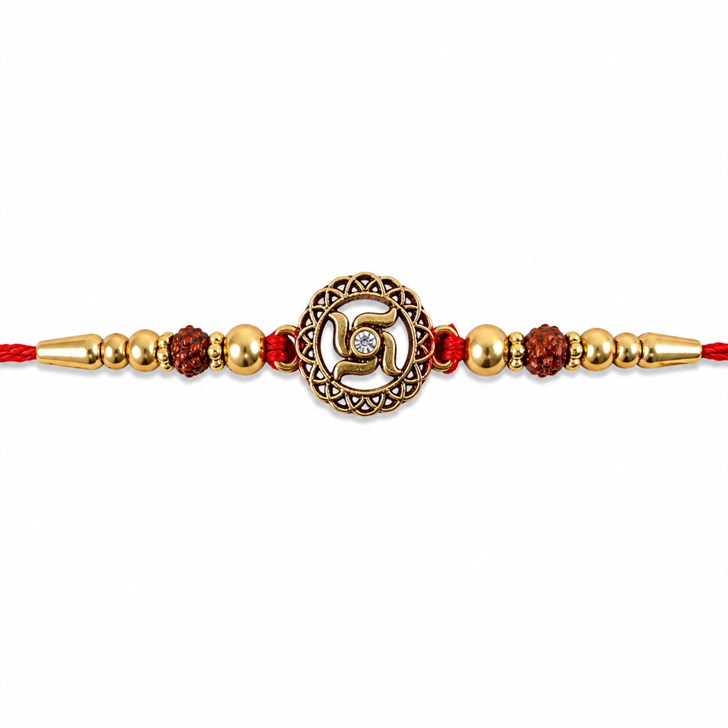 Golden Swastik Rakhi with Red Crystal Beads