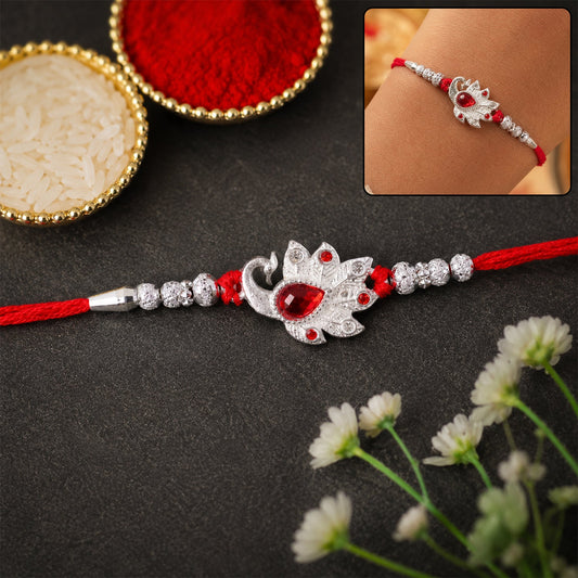 Peacock Red Stone Silver Tone Rakhi