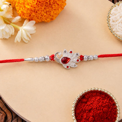 Peacock Red Stone Silver Tone Rakhi