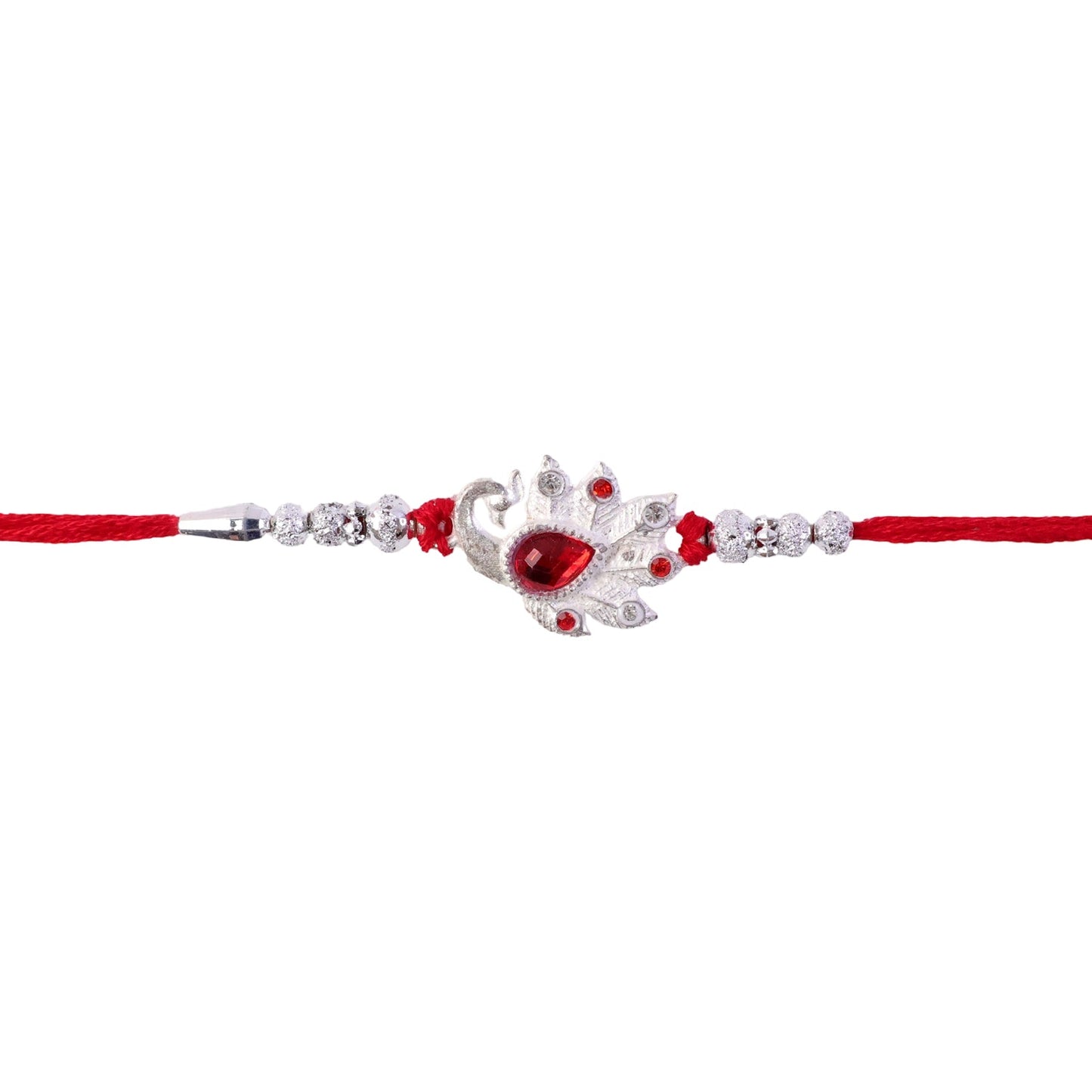 Peacock Red Stone Silver Tone Rakhi