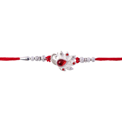 Peacock Red Stone Silver Tone Rakhi