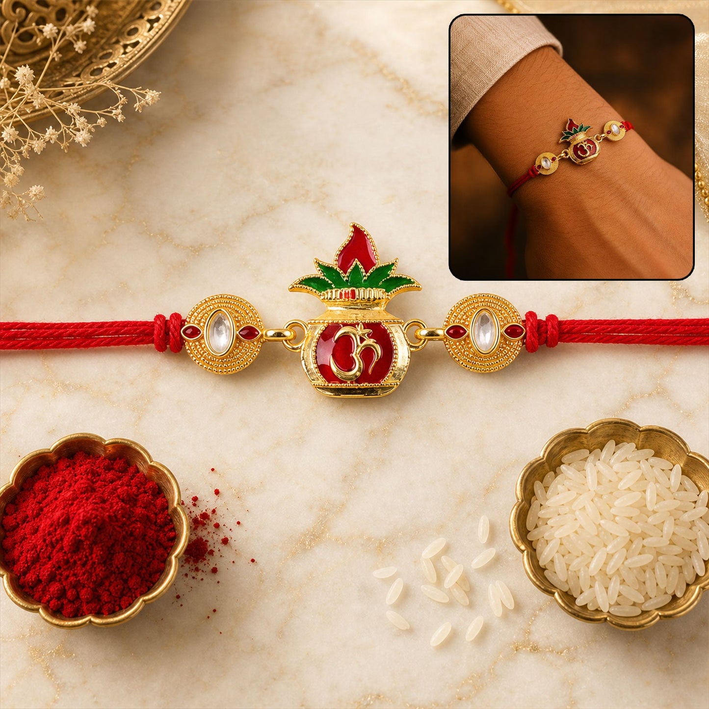 Om Lotus Red Green Enamel Gold Tone Rakhi