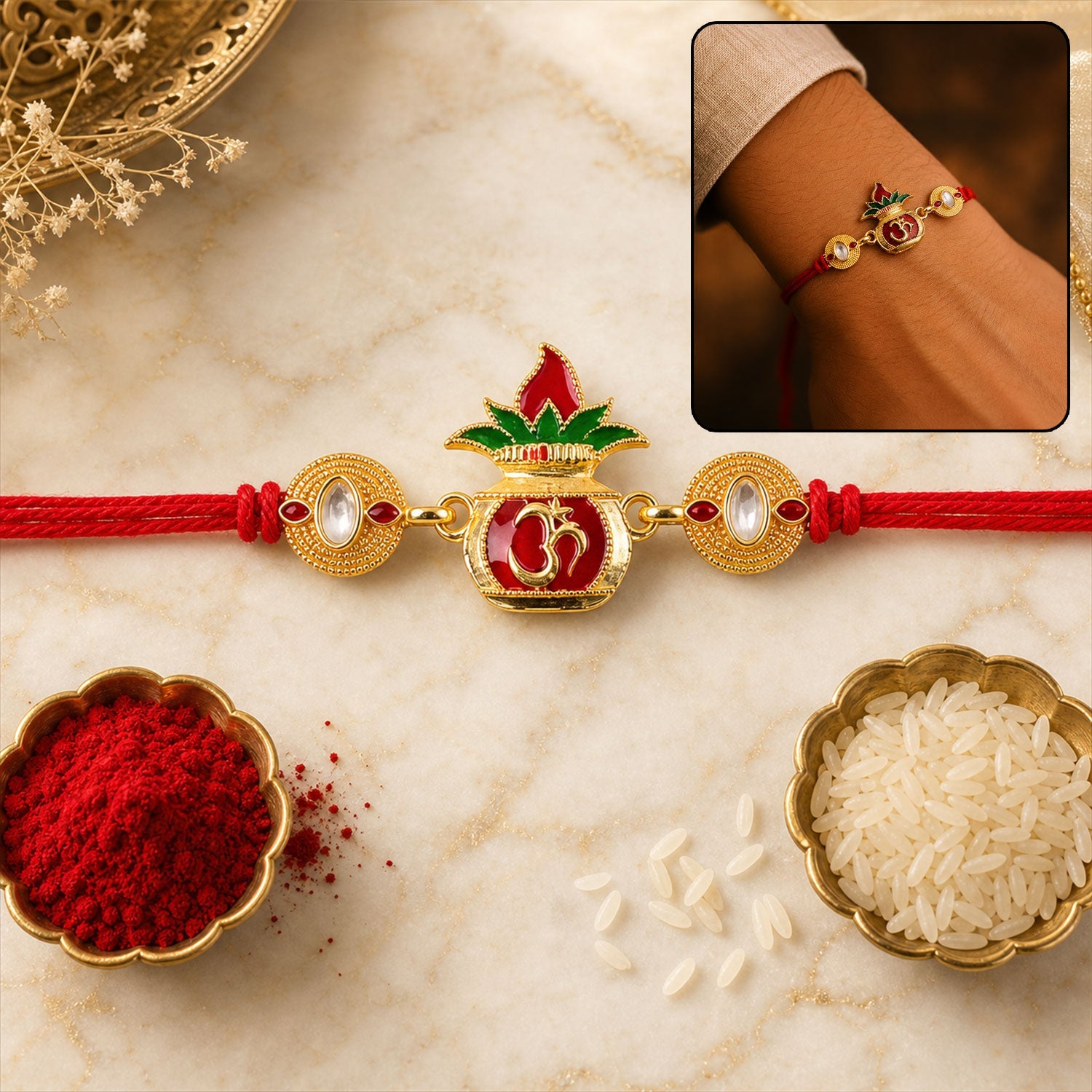 Om Lotus Red Green Enamel Gold Tone Rakhi