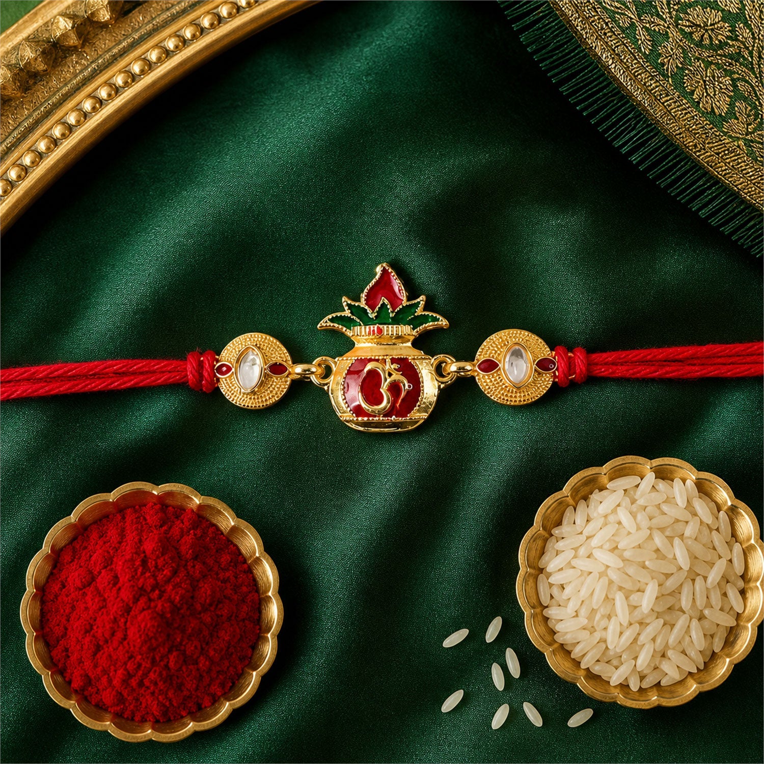 Om Lotus Red Green Enamel Gold Tone Rakhi